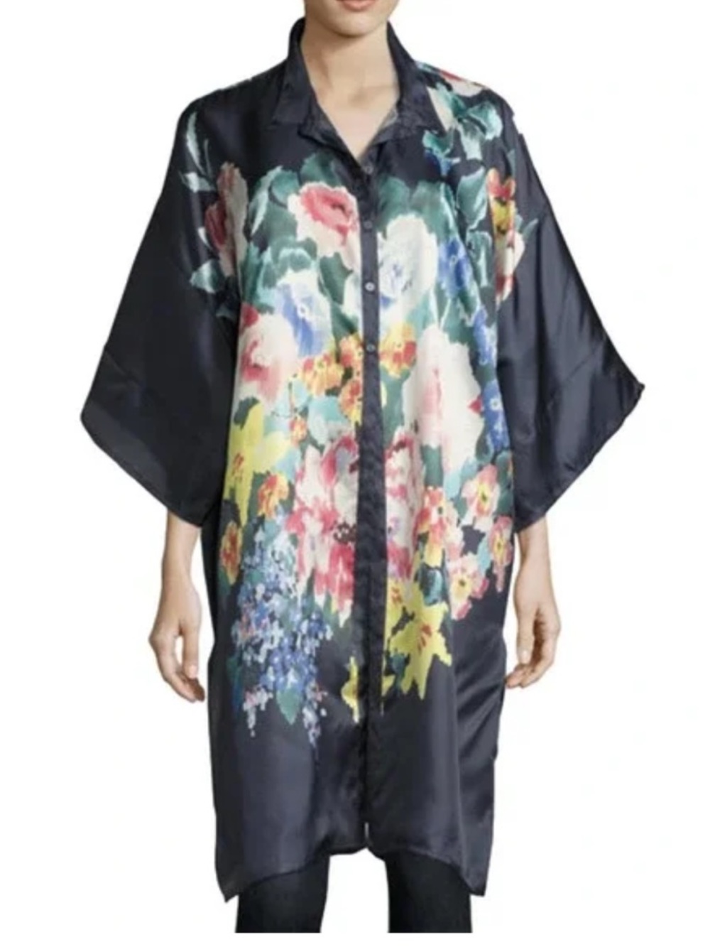 Johnny Was Malani Silk Floral Button Front Tunic Blouse S Blue Multicolor Boho